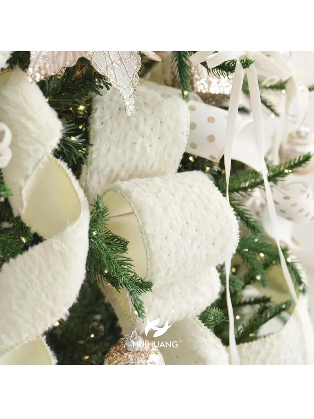 Ivory Christmas Ribbon 4 inch Faux Fur Wired Ribbon Gold Polka Dot nwt 3 rolls